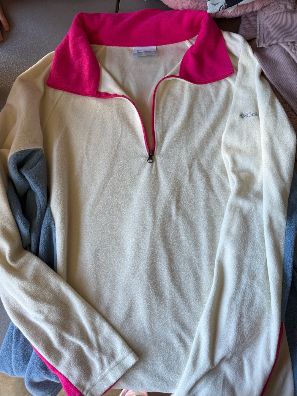 Columbia Cream Fleece Quarter-Zip with Hot Pink Trim